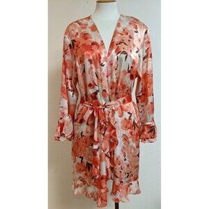 Women's Oscar de la Renta Pink Label Floral Print Ruffle Trim Robe LG